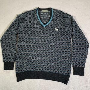 Monte Carlo Sweater Mens 38 Gray Blue V Neck Lambswool Geometric Diamond Grandpa